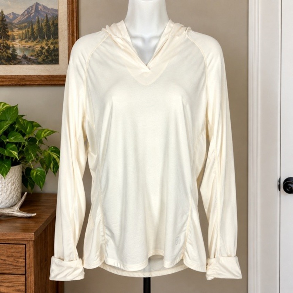 Mountain Hardwear Womens S Ivory Hooded V Neck Pullover Top Thumbholes